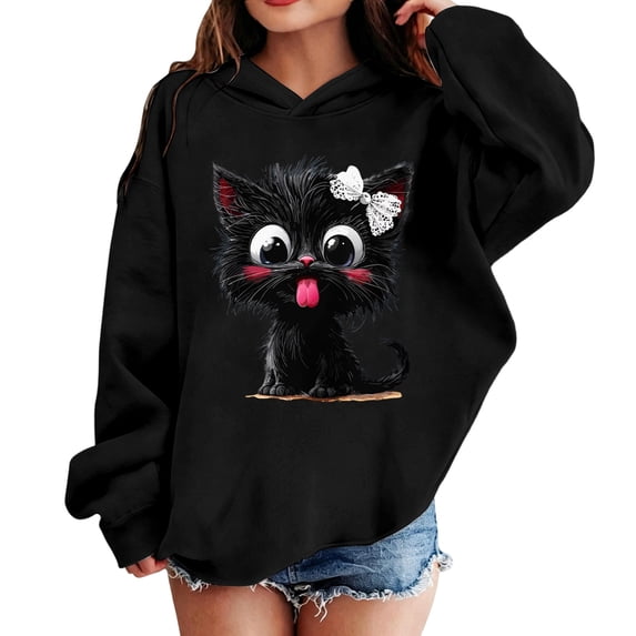 Kids Girls Hooded Sweatshirt, Loose Korean Style Hoodie, Lightweight Long Sleeve Pullover Outerwear, Casual Back to School Top for Autumn Winter Daily Outdoor Wear(Black3,4-5 Years)