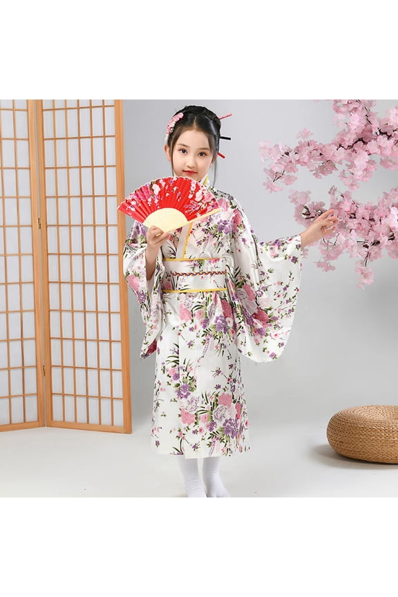 Kids Girls Japanese Traditional Yukata Kimono Robe,Satin Printed Dress,Loose Long Sleeve Adjustable Waist Performance Gown,3 Colors,Ages 2-10 Years