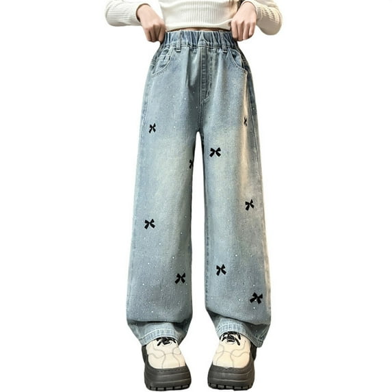 Kids Girls Jeans 6 Kids Girls Jeans Distressed Elastic Waist Baggy Denim Wide Leg Pants Trousers Blue,11-12 Years