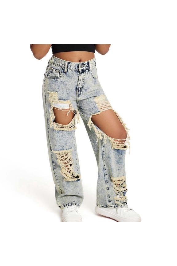 Kids Girls Jeans Denim Elastic Wasit Ripped Wide Leg Denim Pants Teen Girl Clothes Girls Clothes Size 8-9 Years Girls Fashion