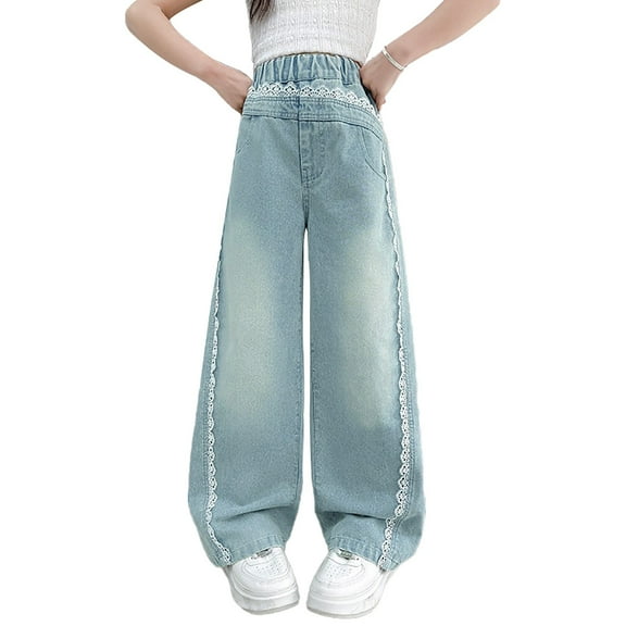 Kids Girls Jeans Elastic High Waist Wide Leg Jean Denim Pants Teen Girl Clothes Girls Pants Size