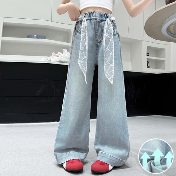 Kids Girls Jeans Elastic Waist Wide Leg Baggy Pants Clothing Girls Clothes Size