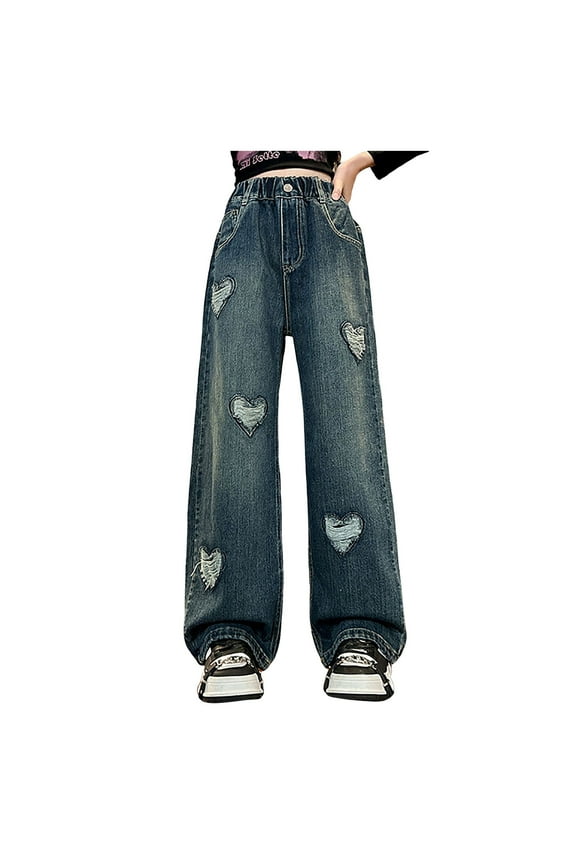 Kids Girls Jeans Pants Casual Wide Leg Baggy Elastic Waisted Juniors Denim Pants with Pockets Plus Size Girls Uniform Pants Navy Blue