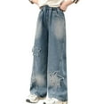 thumbnail image 1 of Kids Girls Jeans Size 5 High Elastic Waist Flare Slimming Leg Pants Casual Long Wide Leg Pants Jeans Trousers Navy,10-11 Years, 1 of 5