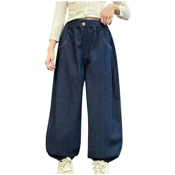 Kids Girls Jeans Winter Fleece Lined Denim Pants Baggy Wide Leg High Waist Harem Casual Trousers Gifts for Tween Girls, Navy, 11 Years