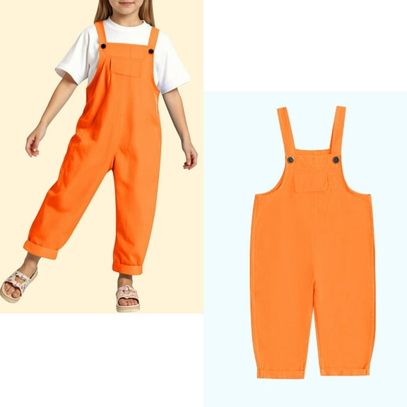 Kids Girls Jumpsuit Kids Casual Sleeveless Overalls Girls Loose Rompers with Pockets Orange Jumpsuit Kids Summer Clothes 4-5 Years