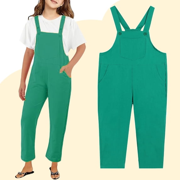 Kids Girls Jumpsuit Kids Casual Sleeveless Romper Girls 1 Piece Rompers with Pockets Green Jumpsuit Girls 5-6 Years Summer Clothes