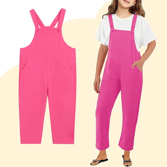 Kids Girls Jumpsuits Girls Overalls Kids Casual Sleeveless Girls Loose Rompers with Pockets Pink Jumpsuits Girl Clothes Size 4-5 Years