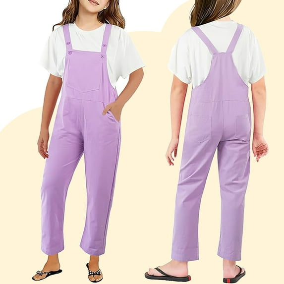 Kids Girls Jumpsuits Girls Overalls Kids Casual Sleeveless Girls Loose Rompers with Pockets Purple Jumpsuits Girl Summer Clothes 5-6 Years