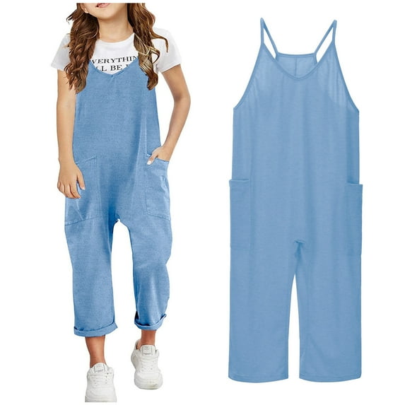 Kids Girls Jumpsuit Sleeveless Spaghetti Strap Overalls with Side Pockets V Neck Harem Pants Girls Fashion 8-10