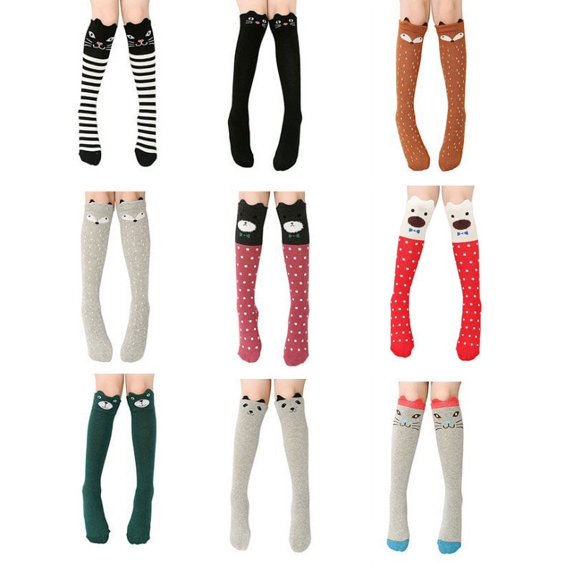 Kids Girls Knee High Sock Cotton Catroon Animal Bear Cat Over Calf Stockings Mid Calf Long Boot Socks Leg Warmers Socks, 9 Colors, One Size