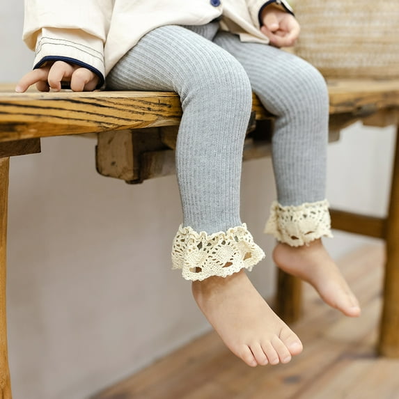 Kids Girls Knit Footless Tights with Lace Ruffle Cute Pattern Ankle Length Leggings for Kids Autumn Winter Spring Legging Pant