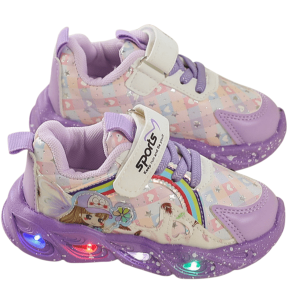 Kids Girls LED Light Up Casual Shoes, Cute Cartoon Design Soft Sole PU Leather Sneakers for Daily Outdoor & School Use