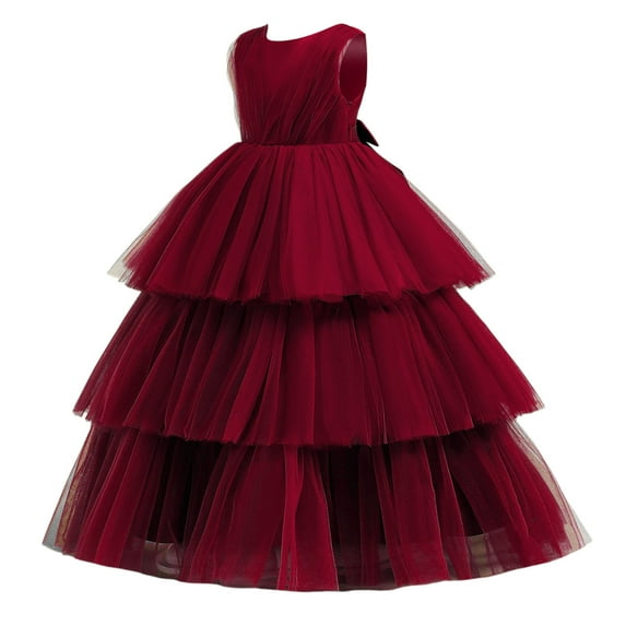 Kids Girls Lace Tulle Dress Sleeveless Cake Sweet Wedding Bridesmaid Birthday Party Formal Princess Gown Dress Performance