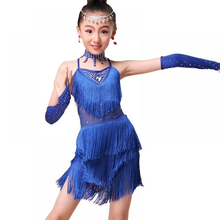 Kids Girls Latin Dance Dress Sleeveless Tassels Backless Skirt Samba Rumba  Cha Cha Dancewear Ballroom Costume