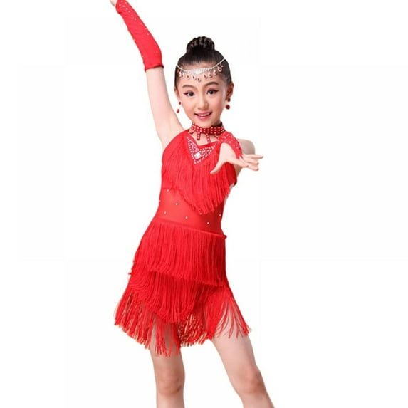 Kids Girls Latin Dance Dress Sleeveless Tassels Backless Skirt Samba Rumba Cha Cha Dancewear Ballroom Costume