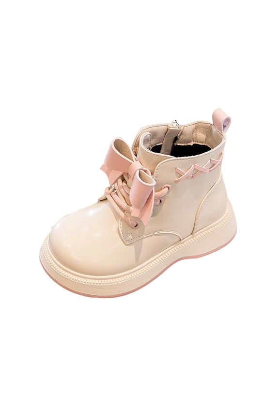 Kids Girls Leather Ankle Boots Toddler Wide Toe Box Cute Bows Combat Booties Platform Non Slip Dress Shoes Beige Size 1 Big Kids