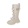 thumbnail image 1 of Kids Girls Leather Combat Boots Wide Calf Knee High Boots Toddler Wide Toe Box Non Slip Winter Booties with Buckle Strap Beige Size 12.5 Little Child, 1 of 6