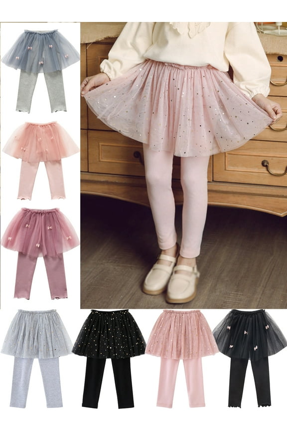 Kids Girls Leggings Tutu Pantskirts Footless Stretchy Legging with Layered Skirt Pants 2-8Years