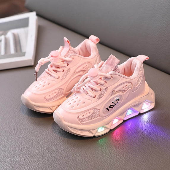 Kids Girls Light Up Sneakers Pink LED Flashing Breathable Non-Slip Bungee Laces,Size 30