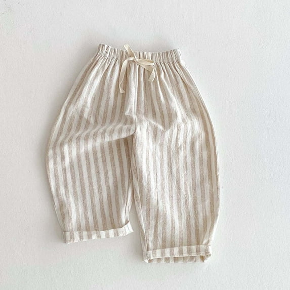Kids Girls' Linen-Blend Cropped Pants, Elastic Waist Loose Fit Capris for Summer, Casual Play Beige Striped Pants,Size 3 T