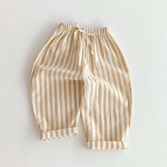 Kids Girls' Linen Cropped Pants | Mustard Yellow Striped Capris with Elastic Drawstring Waist | Loose Fit Summer Play Clothes for Kids,Size 6 Months