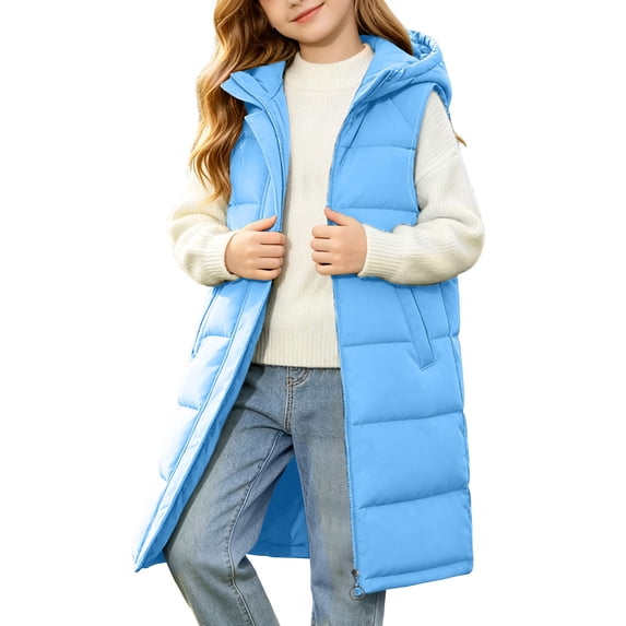 Kids Girls Long Quilted Puffer Vest Sleeveless Hooded Button Down Padded Coats Jacket Outerwear with Pockets