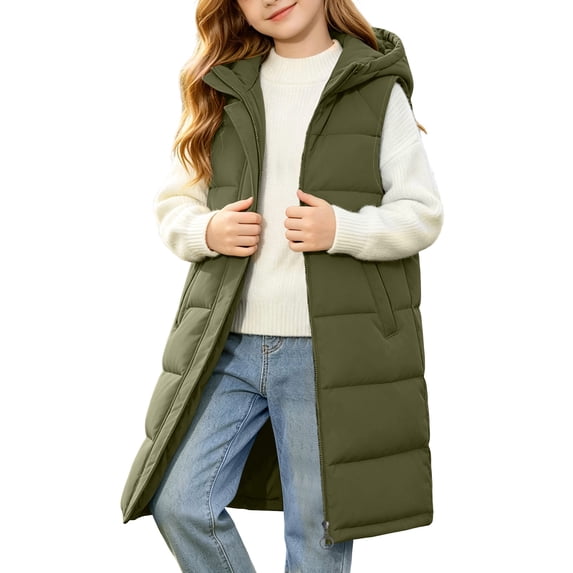 Kids Girls Long Quilted Puffer Vest Sleeveless Hooded Button Down Padded Coats Jacket Outerwear with Pockets