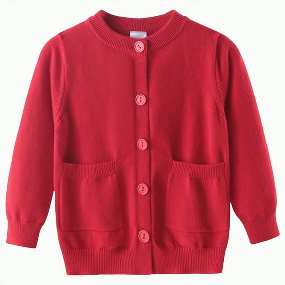 HCNTES Kids Girls Long Sleeve Cardigan Sweater Button Down Pockets Solid Color Shirts Cute Stylish Jacket For Toddler Girls(4-5 Years,G49-Red)