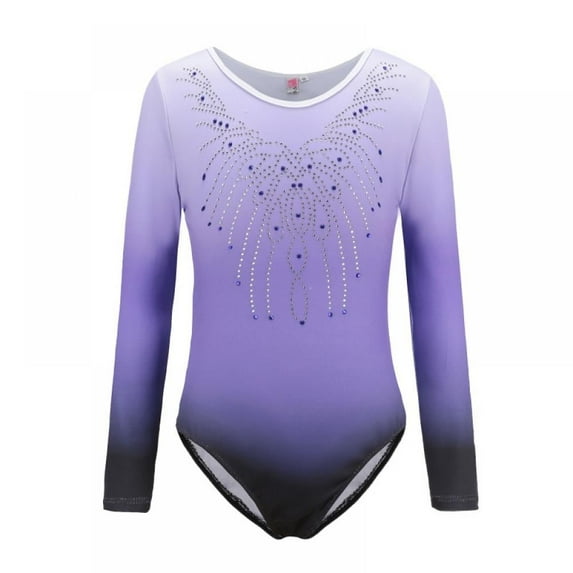Kids Girls Long Sleeve Gymnastic Leotard Color Gradient Sparkly Ballet Dance One Piece Outfit Practice Outfits, 5-12 Years