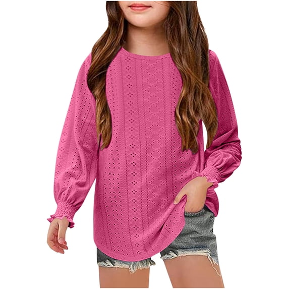 Kids Girls Long Sleeve Hollow Out Blouse Cute Ruffle Cuffs Soft Fabric for Spring/Fall/Winter Casual Wear 6-14 Years Size Available Hot Pink 150