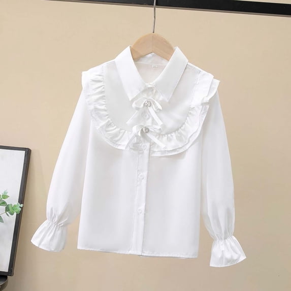 Kids Girls Long Sleeve Party Blouses Elegant Ruffled Button Down Shirts School Tops Beige1 13-14 Years