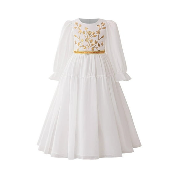 Kids Girls Long Sleeve Prayer Abaya Clothes Loose Fit Kaftan Maxi Gown Muslim Dress Halloween Fancy Dress White 6-7 Years