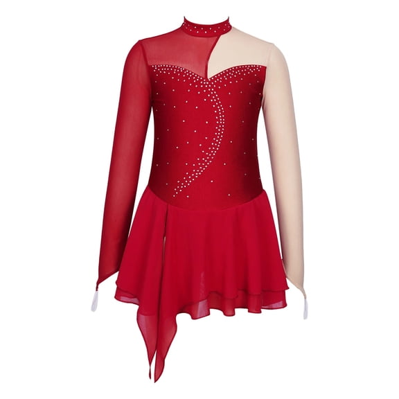 Kids Girls Long Sleeve Rhinestone Figure Skating Dress Patchwork Ballet Gymnastics Performance Clothes