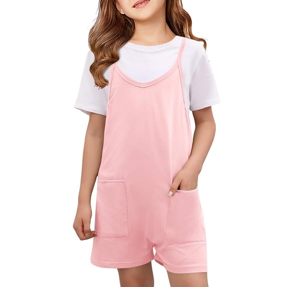 Kids Girls Loose Overalls Spaghetti Strap Short Jumpsuit with Pockets Summer Casual Sleeveless V Neck Teen Baby Overalls