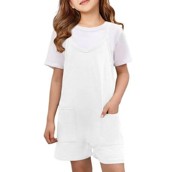 Kids Girls Loose Overalls Spaghetti Strap Short Jumpsuit with Pockets Summer Casual Sleeveless V Neck Teen Baby Overalls