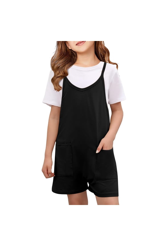 Girls Overalls Shorts Summer Comfy Shortalls Romper Sleeveless Adjustable Spaghetti Tie-Up Strap Jumpers Clothes With Pockets