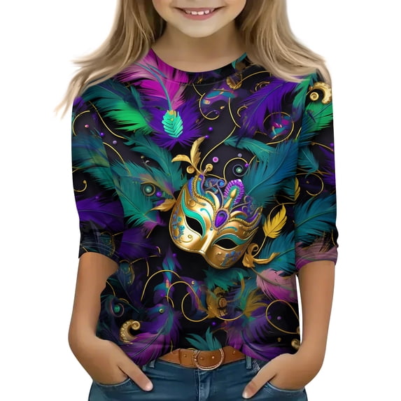 Kids Girls Mardi Gras 3/4 Sleeve Shirt with New Orleans Carnival Fat Tuesday Graphic, Soft Casual Sequin Mask Top for Holiday Party and Matching Outfit Wear