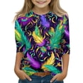 thumbnail image 1 of Kids Girls Mardi Gras 3/4 Sleeve Shirts - New Orleans Carnival Fat Tuesday Graphic Tops, Soft Casual Sequin Mask Holiday Matching Blouse Outfits, 1 of 4