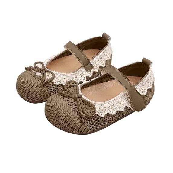 Kids Girls Mary Jane Flats Breathable Lace Bow Non-Slip Shoes Casual Dress Hook and Loop Khaki,Size 11 M