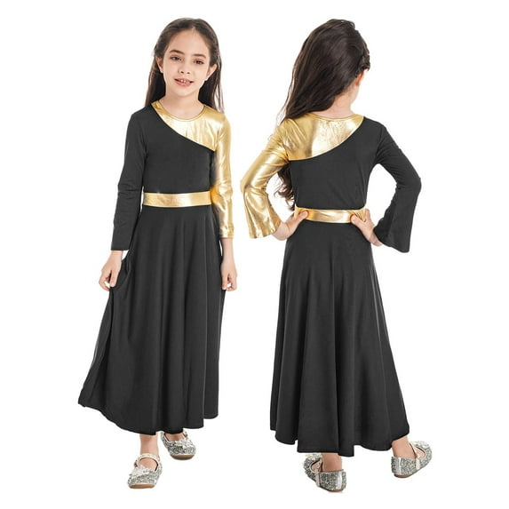 Kids Girls Metallic Ballet Lyrical Praise Dance Long Dress Liturgical WorshipChurch Dresses