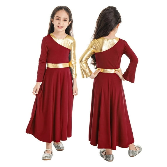 Kids Girls Metallic Ballet Lyrical Praise Dance Long Dress Liturgical WorshipChurch Dresses
