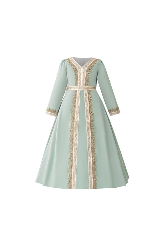 Kids Girls Muslim Abayas Maxi Dress One Piece Long Sleeve Islamic Dubai Dress Prayer Robe Arabian Kaftan Green 18-24 Months