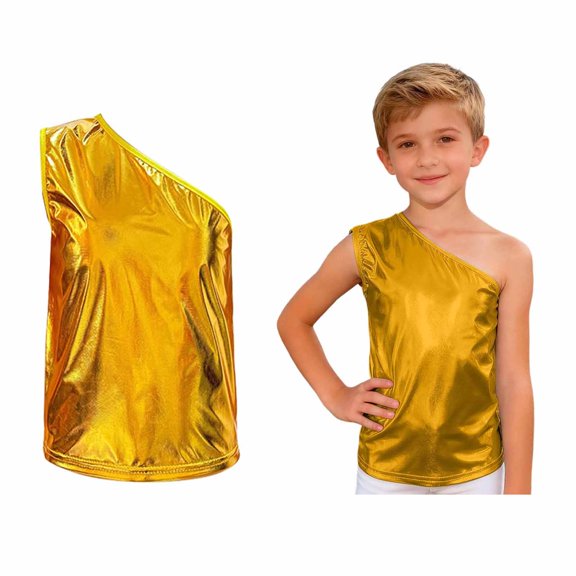 Kids Girls Off Shoulder Dance Vest Sleeveless Shimmering Metallic Tank Tops Belly Hip Hop Jazz Performance Party 3-4 Years