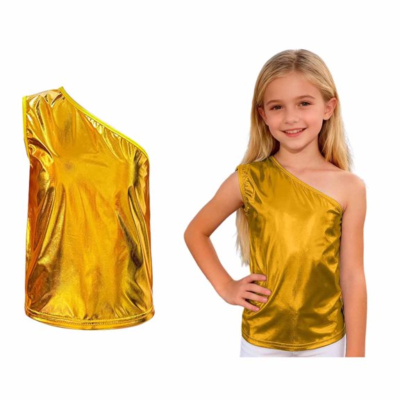 Kids Girls Off Shoulder Dance Vest Sleeveless Sparkly Metallic Shiny Tank Tops Ballet Latin Jazz Performance Dance Oufits 3-4 Years