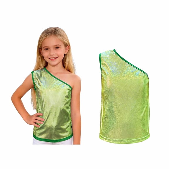 Kids Girls Off Shoulder Sequins Vest Sleeveless Metallic Shiny Y2K Top Modern Jazz Hip Hop Performance Oufits 3-4 Years