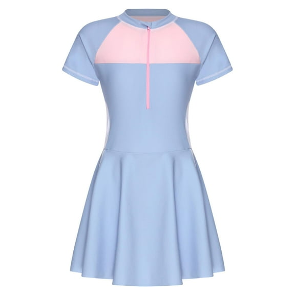 Kids Girls One-Piece Short Sleeve Swim Dress Children Teens Swimsuit Bathing Suit Rash Guard Summer Swimwear Dresses