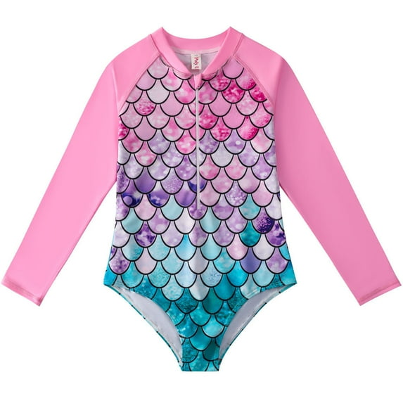 Kids Girls One-Piece Swimsuit Long-Sleeved Bathing Suit Hot Spring Fishscale Swimsuit for 4-12Y