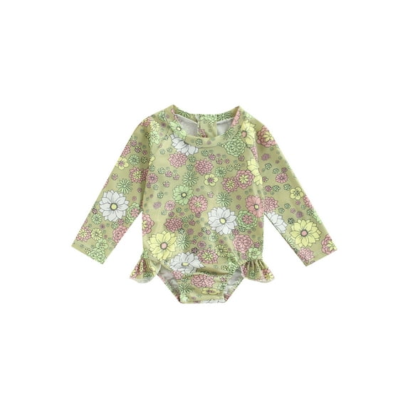 Kids Girls One Piece Swimsuits Little Girls Long Sleeve Zipper Floral Print Romper Rash Guards Beach Bathing Wear 1-6T