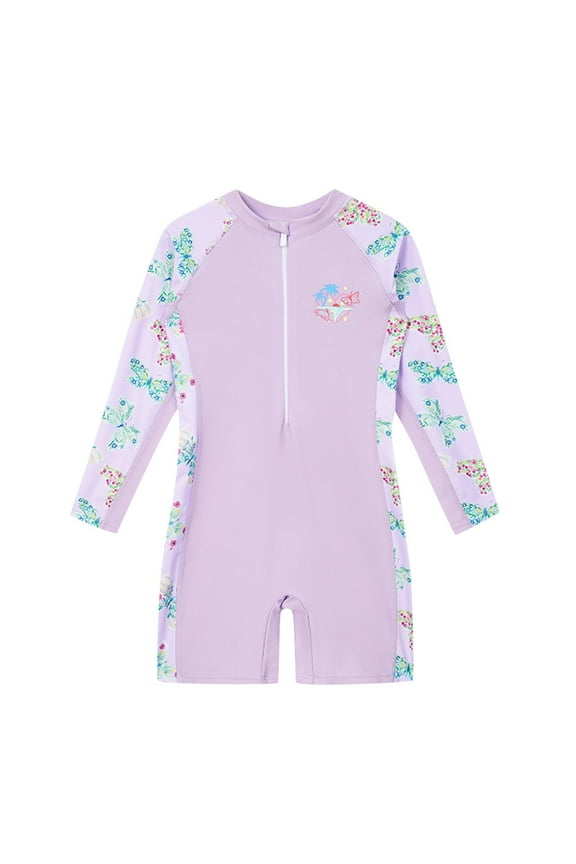 Kids Girls One Piece Swimsuits Rash Guard Long Sleeve Surfing Bathing Suit Floral Zipper Swim Romper, Purple, 5 Years